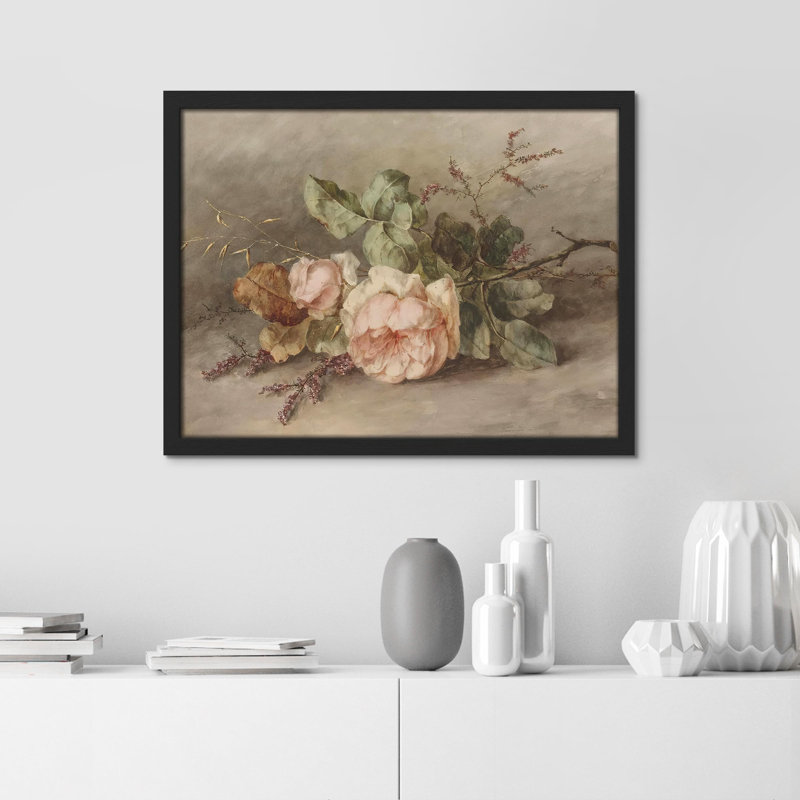 "Fleurs de jardin roses" sur papier, H 12 po x l 16 po, Noir