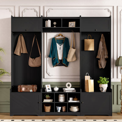 79.1"Wide Hall Tree With Shoe Storage, 4-In-1 Entryway Bench With 8 Cubbies, 7 Coat Hooks & Adjustable Shelf For Hallway, Living Room