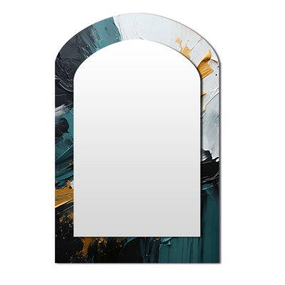 Gold and green white marble waterfall VI - Abstract Painting Arch Decorative Mirror, Gold Asymmetrical Wall Mirror, Printed Metal Art
