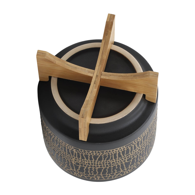 Jordahl Ceramic Planter with Bamboo Stand - Decorative Indoor and Outdoor Plant Pot with Modern Textured Design - Stylish Home and Garden Accent for Flowers, Succulents, or Herbs