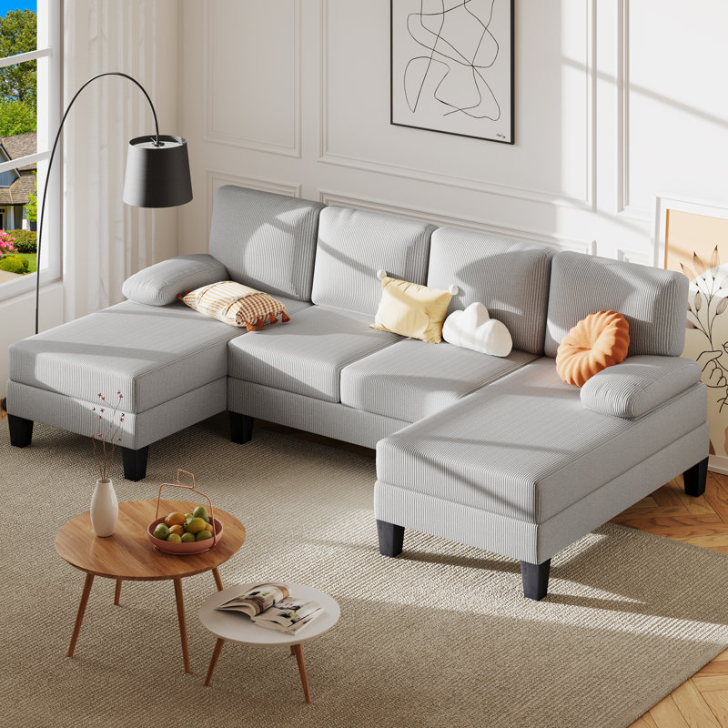 U-shaped Sectional Sofa, Couch For Living Room, Light Grey Corduroy