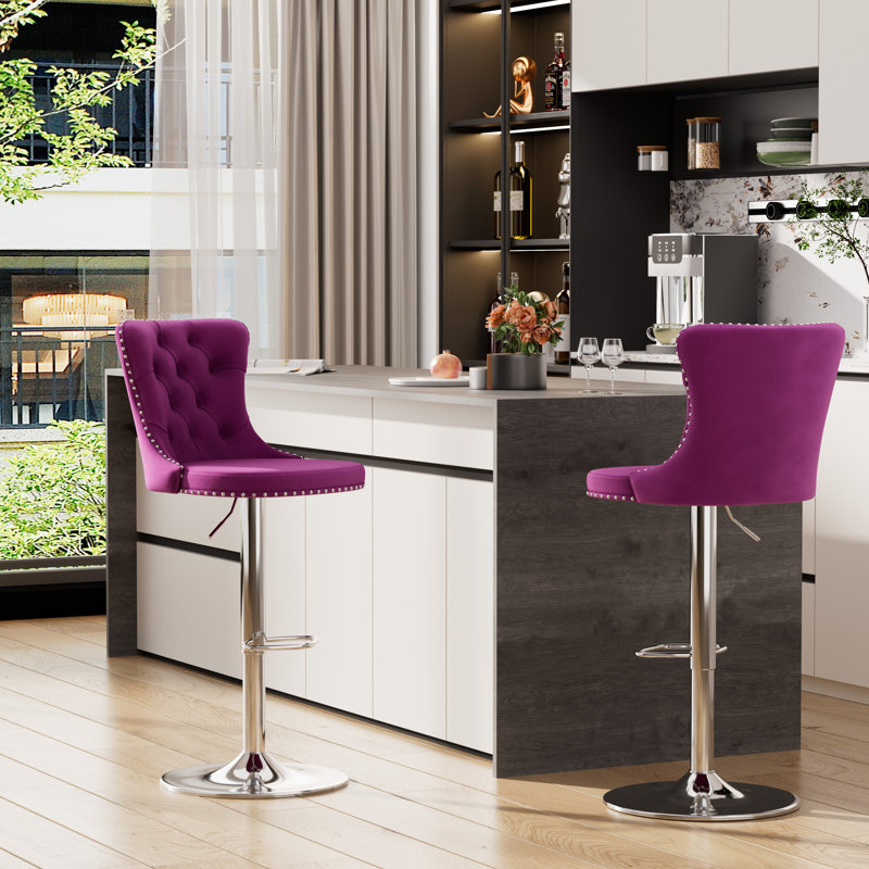 Tabouret de bar pivotant en velours à hauteur réglable avec structure en métal (ensemble de 2), Argent, Mauve
