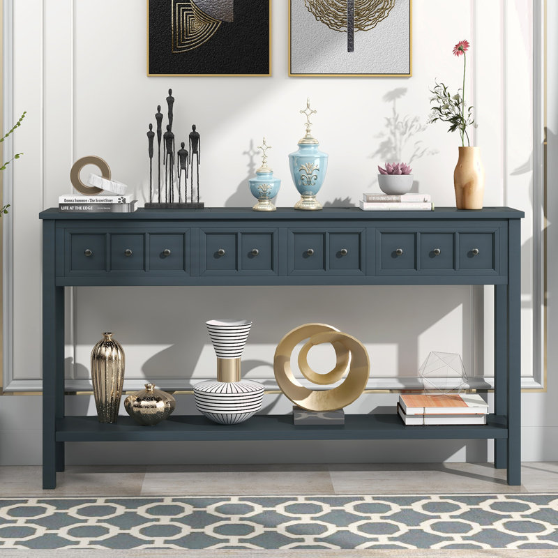 Table de canapé longue de 60 po avec deux tiroirs de tailles différentes et une tablette inférieure pour le rangement