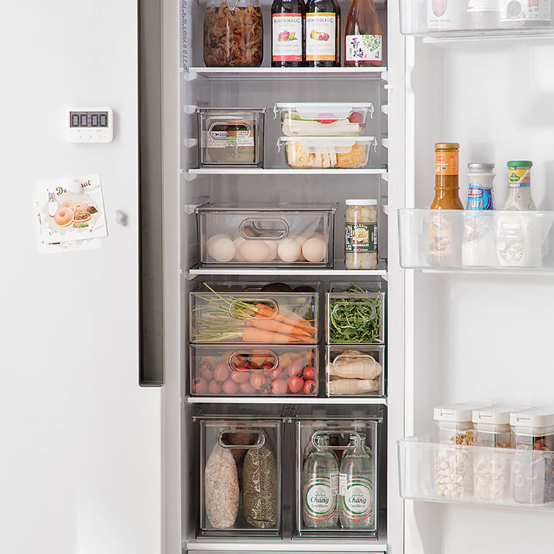 Set Of 3 Stackable Refrigerator Organizer Bins Pull-Out Drawers For Fruit And Veggies Divided Storage Organizer For Fridge Clear Drawer Containers With Handle For Produce Saver, Eggs, Snackc