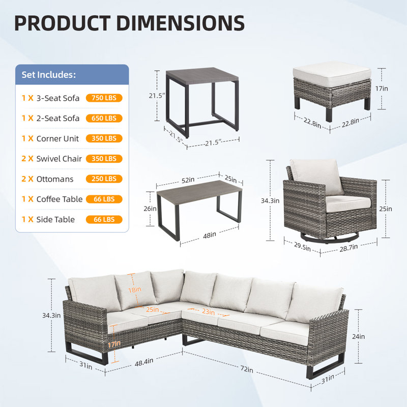 Ensemble de conversation d'extérieur pour 8 personnes avec coussins Joevan, Beige