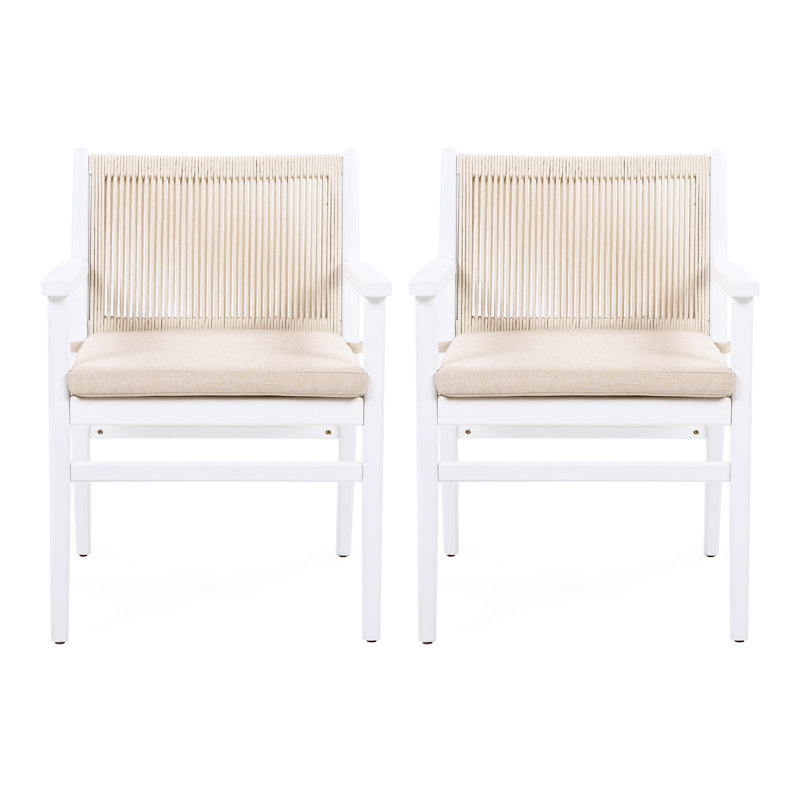 Fauteuil d'extérieur pour 2 personnes en bois avec dossier en corde, coussin imperméable, structure blanche, capacité de charge de 400 lb, fixation du coussin lavable à la machine, conception ergonomique confortable, s'adapte à la terrasse