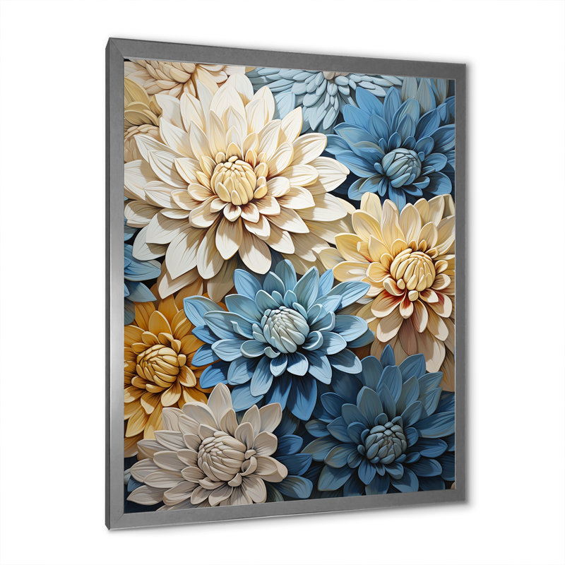 «Garden Bliss Mums» en blanc et bleu III sur toile, Cadre simple argenté, H 40 po x l 30 po x P 1,5 po