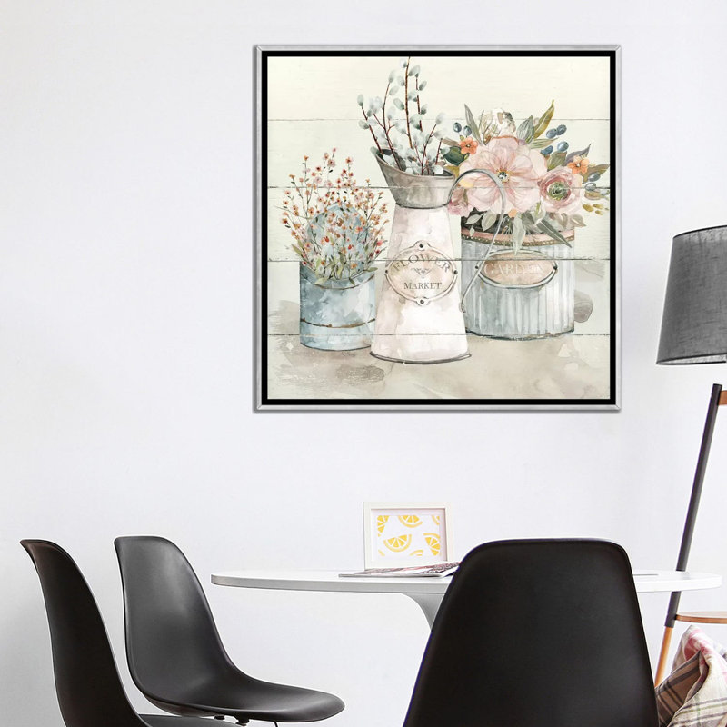 "Shiplap Flower Market" par Carol Robinson, reproduction d’art, Toile avec cadre argenté, Pas de tapis
