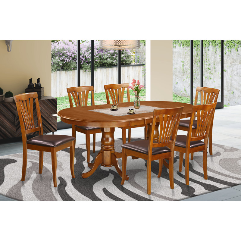 7 Piece Dining Set Consist of an Oval Dining Table with Butterfly Leaf and 6 Faux Leather Kitchen Room Chairs, Saddle Brown