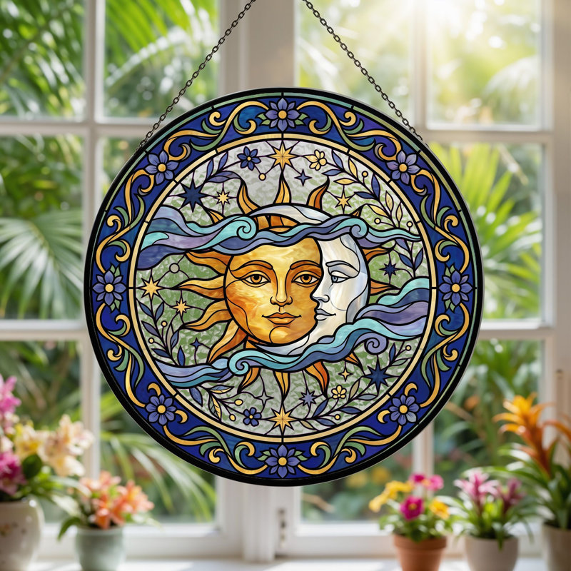 Panneau de vitrail Sun Moon ， 7,8H, H 7,8 po