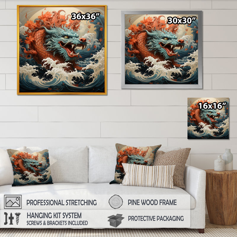 Dragon japonais japonais au large de Kanagawa III - Dragons, art mural, Cadre simple noir, H 36 po x l 36 po x P 1,5 po