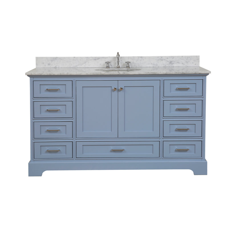 Ensemble de meuble-lavabo simple 60 po Larosa, Bleu poudre, Marbre de Carrare