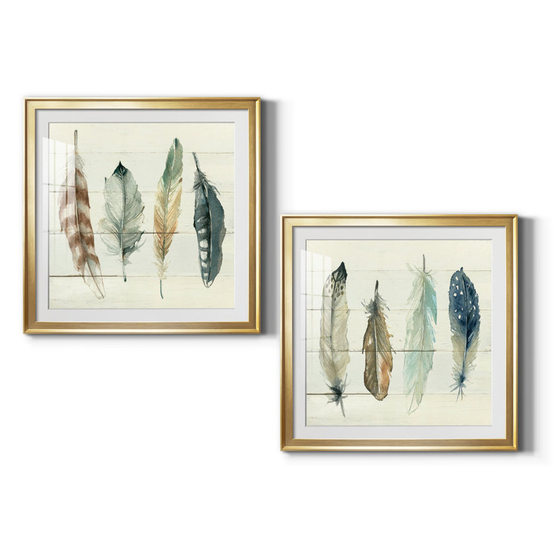 Shiplap Feathers I - Ensemble de 2 reproductions d'art, H 26,5 po x l 53 po x P 1,5 po, Toile encadrée dorée, Blanc