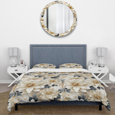Ensemble de housse de couette blanche et dorée Chrysalhemum Mandalas III