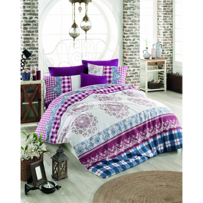 Ensemble de housse de couette 100% coton 2 pièces Lime, Marron / bleu / blanc