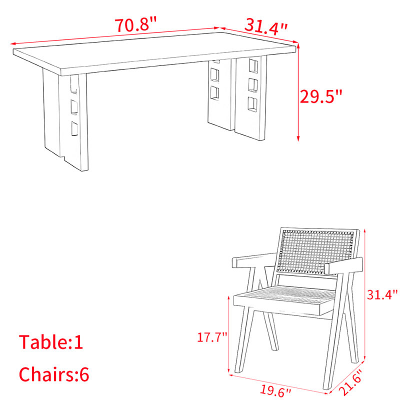 Ensemble de table à manger en bois massif de style français, H 29,5 po x L 70,8 po x l 31,4 po