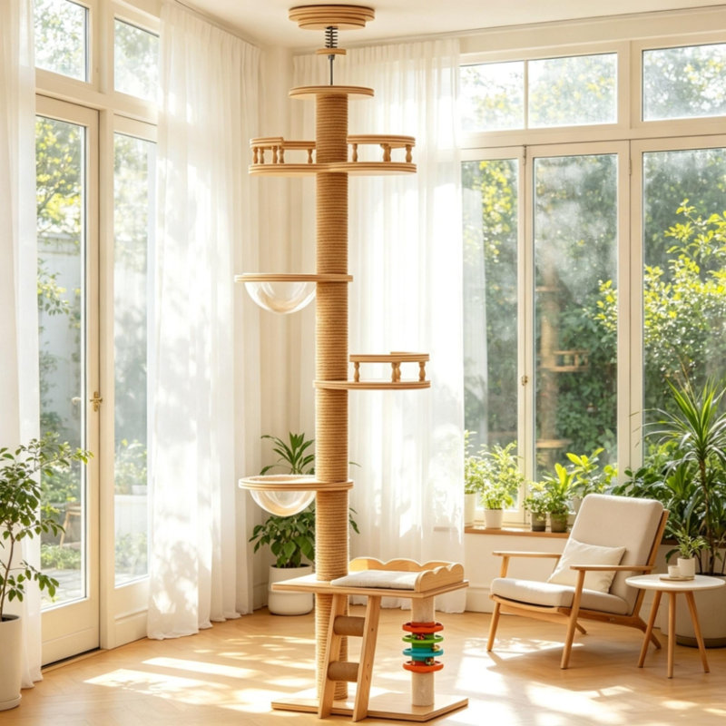 Arbre à chat à fixation au sol du sol au plafond, tour à chat en panneau de fibres à densité moyenne avec poteau en sisal, hamac à bulles en acrylique, échelle et boules de jouet pour les petits espaces intérieurs
