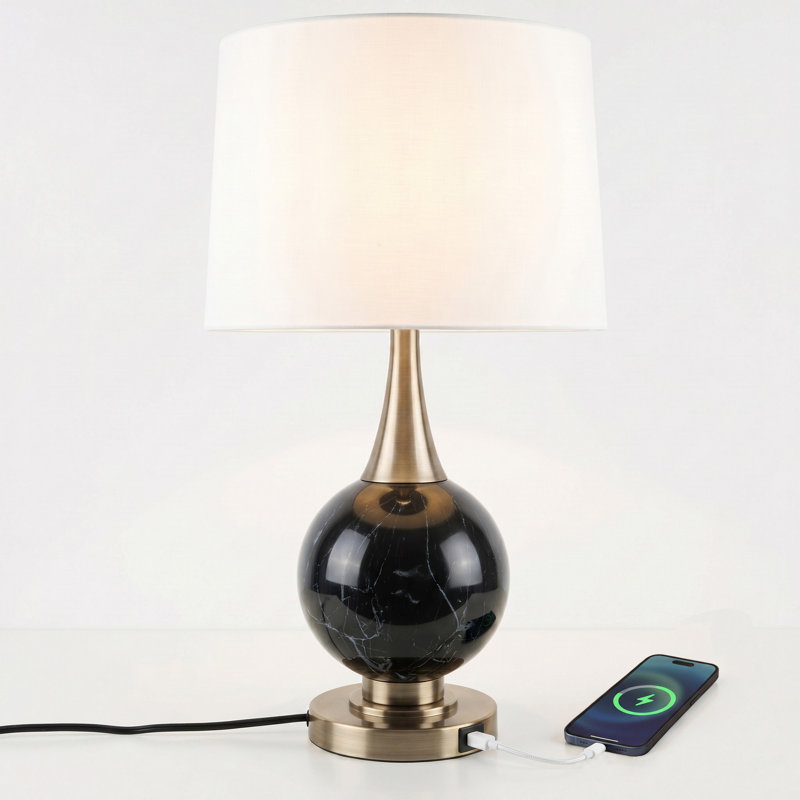 23.5" Modern Metal Table Lamp with USB-A & Type-C Charging Ports, 3-Way Dimmable Touch Control, Black Marbleized / Antique Brass