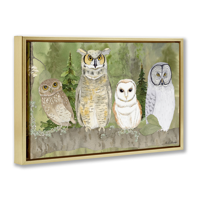Forest Owls on Perch Floating Frame, design by Lee Ann Sanders, 21" H x 31" W, Metallic Gold Floater Frame