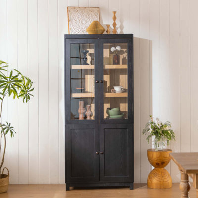 Ash Wood Grain Display Cabinet, Bookcase With Glass Doors & Adjustable Shelves, Mid-Century Modern Bookshelf, Curio Cabinet For Hallways, Livingroom Kitchen & Office