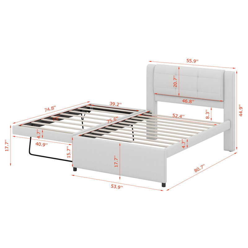Full Size Upholstery Platform Bed with Trundle,Trundle Can Be Flat Or Erected, Beige