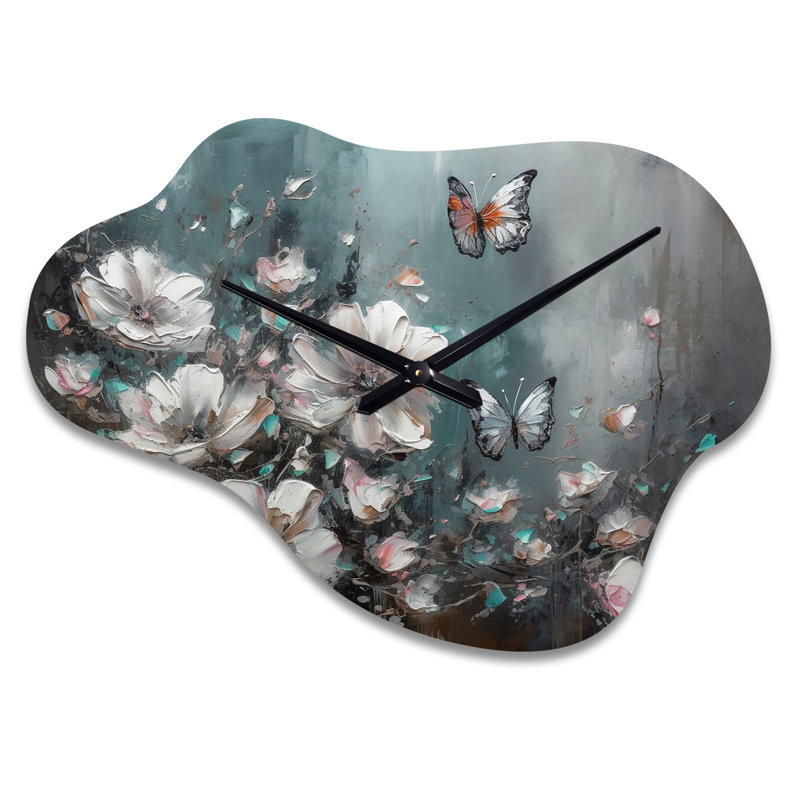Fleurs avec papillons, peinture II - horloge murale en métal à motif floral, horloge murale asymétrique traditionnelle, Petit