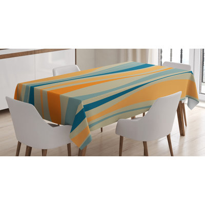 Ambesonne Vintage Tablecloth, Retro Vibrant Stripes Funky Lines Design Patterns Abstract Print, Rectangular Table Cover For Dining Room Kitchen Decor, 52" X 70", Petrol Blue Marigold