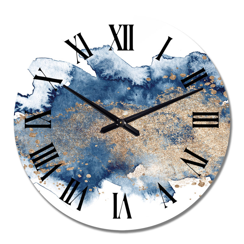 Bleu et or marbré nuages II - horloge murale moderne, Grand