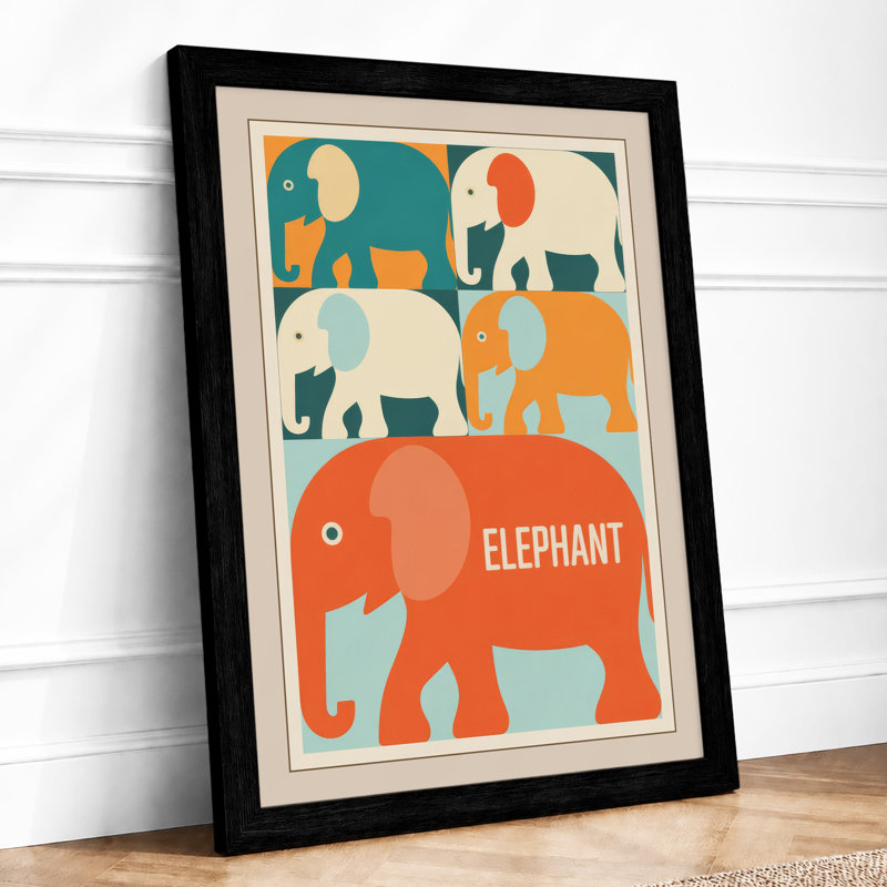 Elephant Study Grid Mid-Century - Framed Print, A1 - 84.1 x 59.4 cm, Black