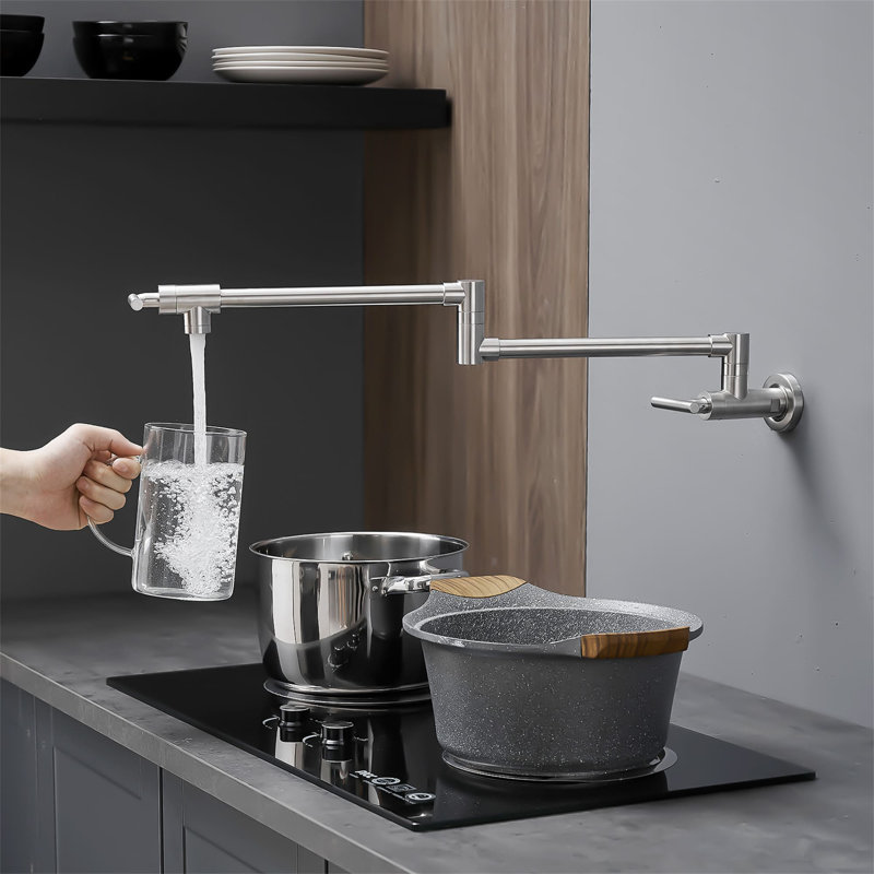 Wall Mounted Pot Filler Faucet With Double Joint Swing Arms Single Hole Folding Kitchen Faucet Stainless Steel Double Handle Kitchen Sink Faucets