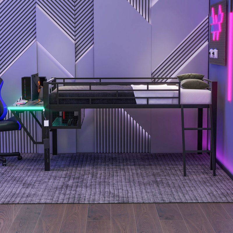 Lit mi-mezzanine avec bureau intégré, éclairage à DEL et support de matelas, Lit simple