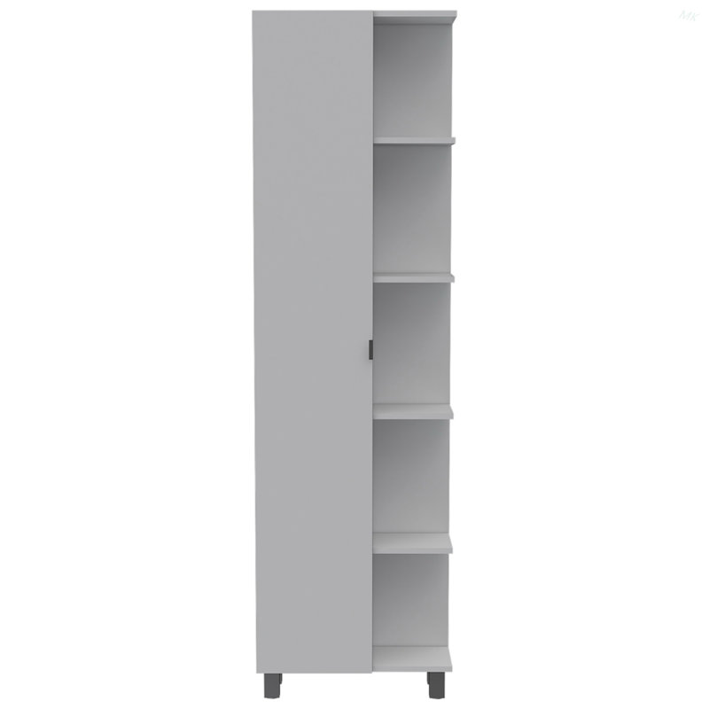 Armoire de coin en lin, cinq tablettes extérieures, une porte, quatre tablettes intérieures, Blanc