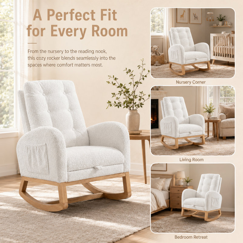 Chaise berçante d'intérieur rembourrée avec repose-pieds et poche latérale, White