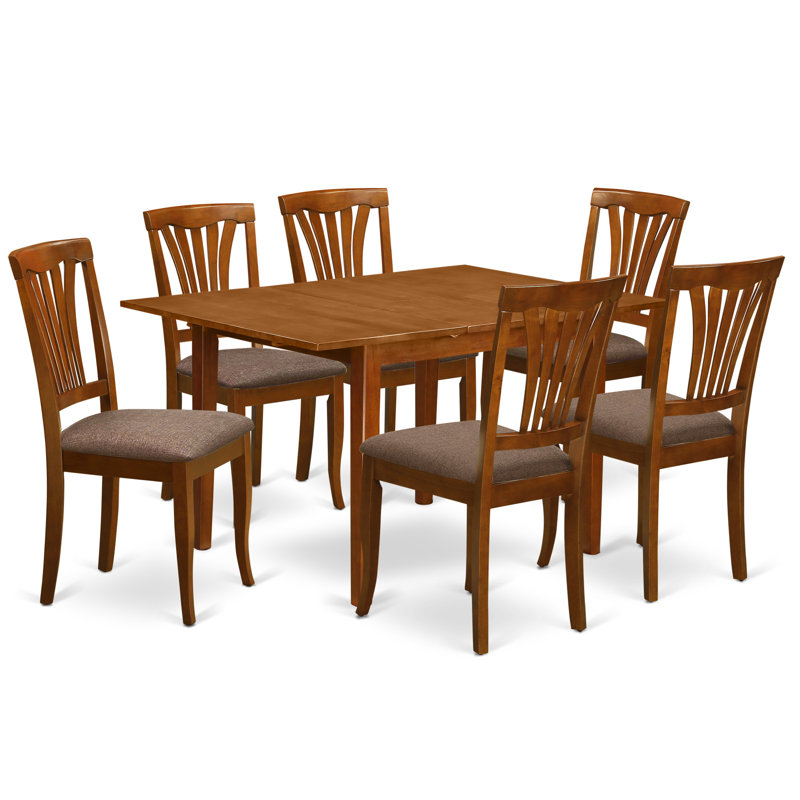 7 Piece Dining Table Set Consist of a Rectangle Dinner Table with Butterfly Leaf and 6 Linen Fabric Dining Room Chairs, Saddle Brown