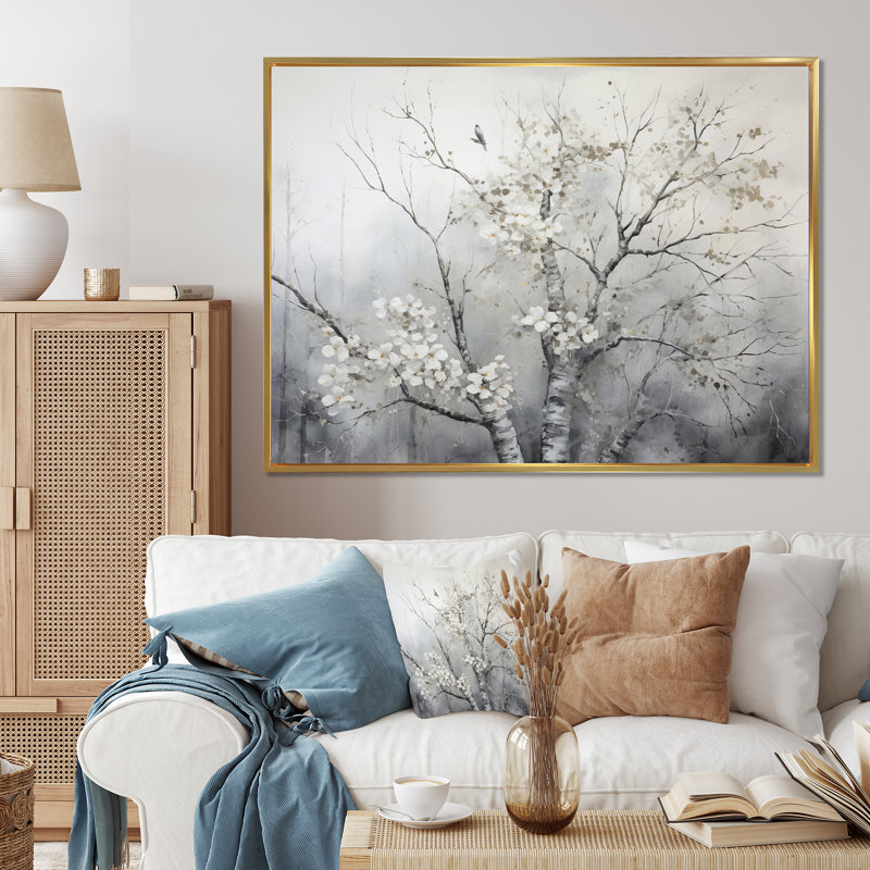 Arbre gris gris, rêverie - art mural arbre monochrome, Cadre flottant doré, H 34 po x l 44 po x P 1,5 po