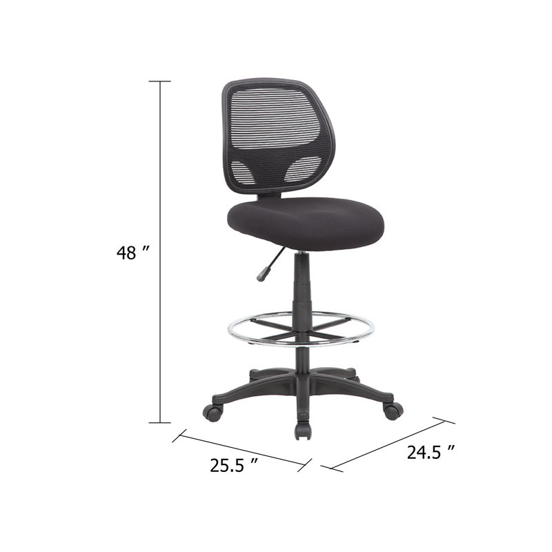 Tabouret de bureau pivotant Lem, repose-pieds chromé, dossier en filet noir, roulement