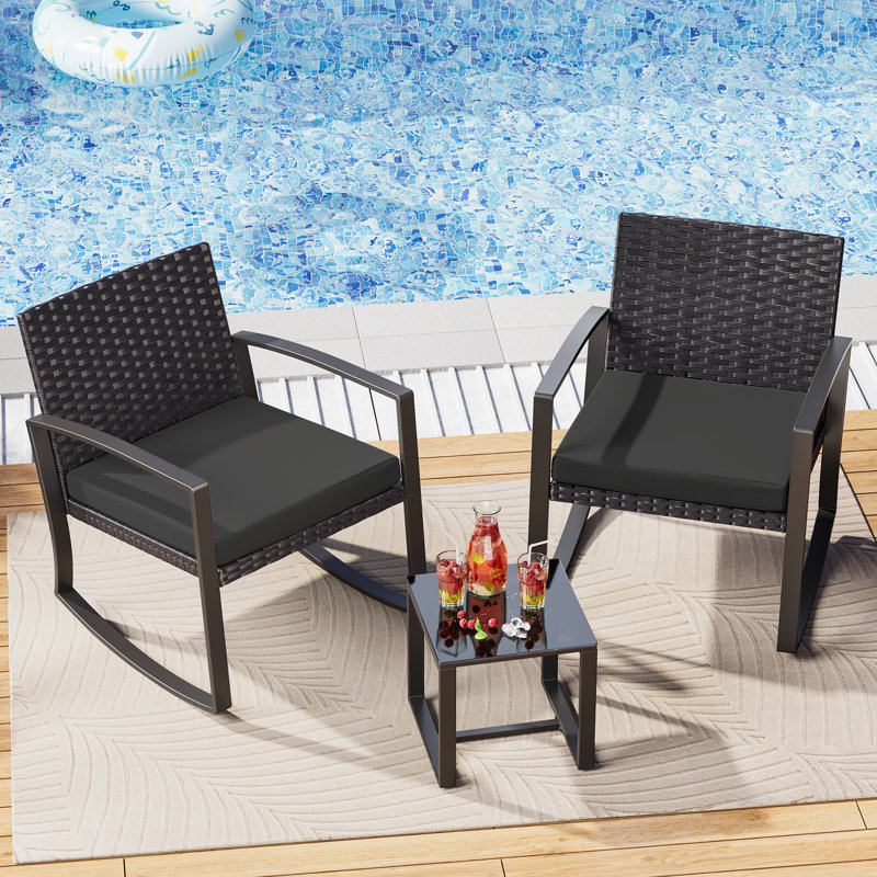 Steel 2-Person Rocking Seating Group with All-Weather Wicker Back, Cushions & Coffee Table, Black