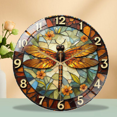 Horloge murale vitrail, libellule 12 po