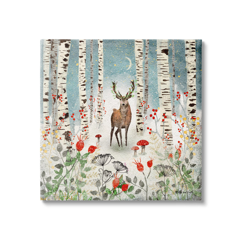 Aw-053-Toile «Deer In Nighttime Birch Forest on Canvas» par Jacqueline Wild, peinture, H 24 po x l 24 po x P 1,5 po