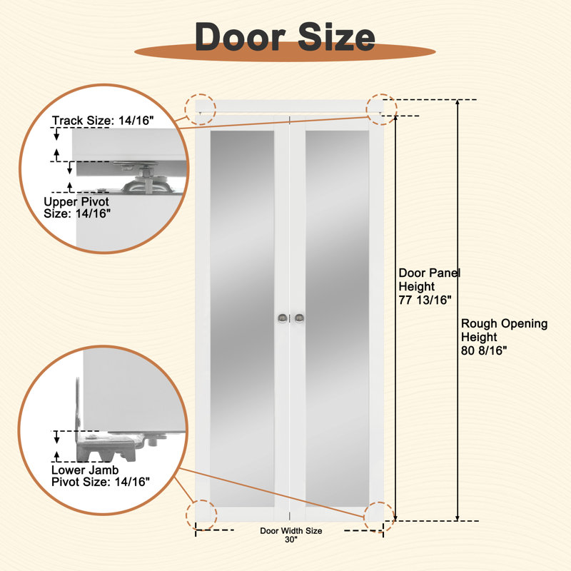1-Lite Mirrored Pivot-French Solid Core Doors With Installation Hardware Kit, 30" x 80"