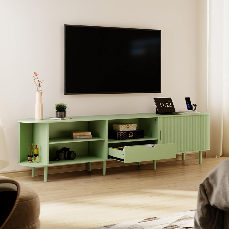 TV Stand with Storage For 65" - 85" TVs, 86.6" Entertainment Center with Power Outlet, Fluted Media Console with Sliding Doors, Mid Century Modern Wood TV Console With Drawers And Shelves For Living Room