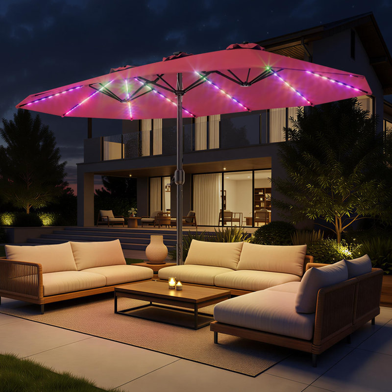 Parasol rectangulaire lumineux 180 po x 108 po avec base, parapluies de patio double face avec base - Parasol de table d'extérieur très grand avec 15 lumières RVB multicolores et support à DEL, parasol surdimensionné pour terrasse, piscine, cour arrière