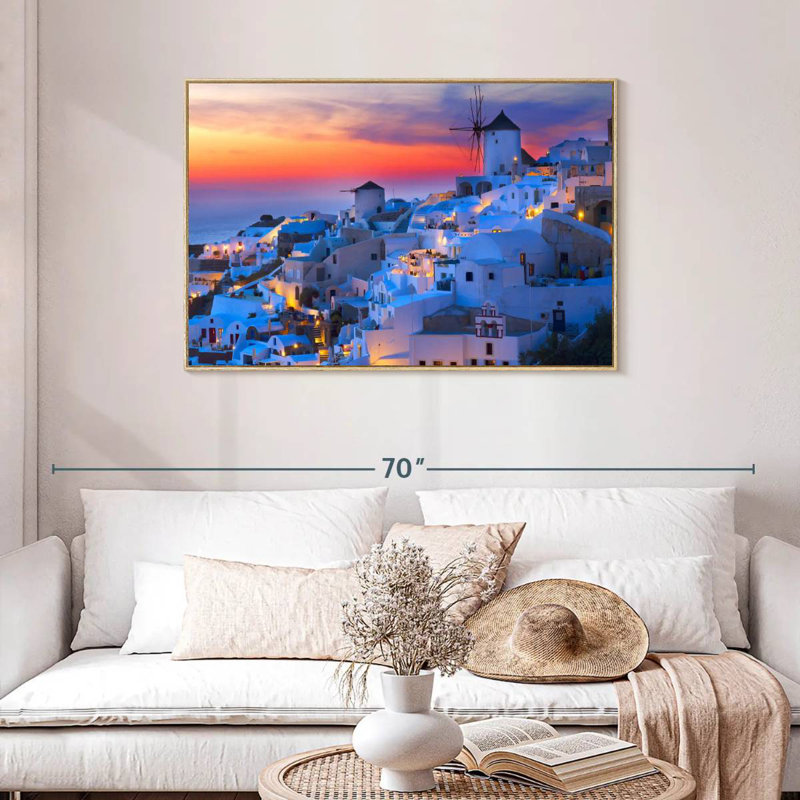 Lumières de Santorin, Cadre flottant en bois naturel, 43 po x 29 po