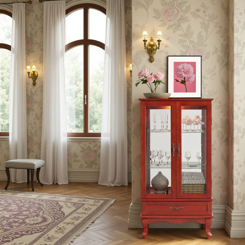 ??Lighted Display Cabinet – Adjustable Shelves, Glass Doors & Vintage Drawer?, Cherry