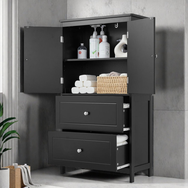 Armoire de rangement pour salle de bain avec deux portes, tiroirs et tablette réglable