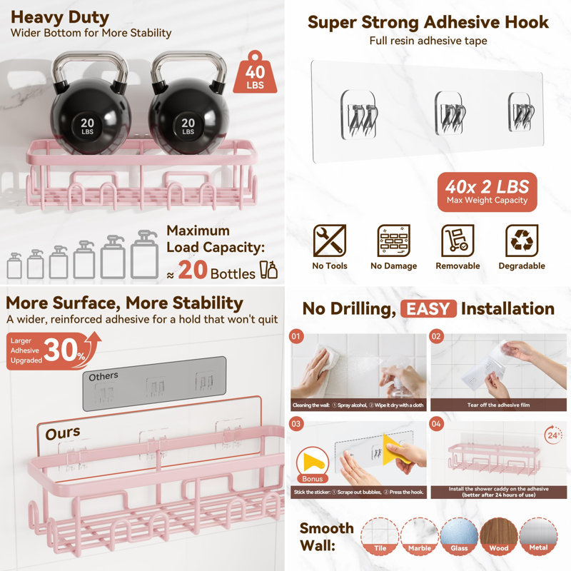 Adhesive Stainless Steel Shower Caddy, Rose
