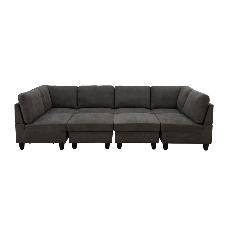 118" Wide 8- Piece Flannel Reversible Modular Living Room Sectional Sofa With Ottomans, Dark Brown Flannel