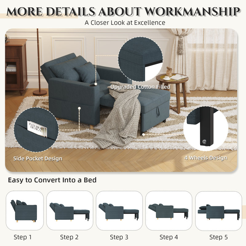 Emma-Leigh 1 Seater Fabric Accent Chairs Bed, Navy Linen