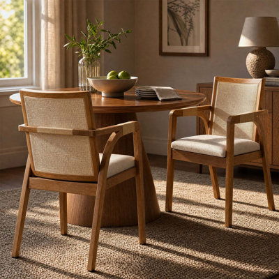 Ensemble de 2 chaises de salle à manger avec accoudoirs, structure en bois d'hévéa, dossier en textilène, accoudoirs en rotin en PE, coussins en tissu rembourrés, couleur noyer et beige.