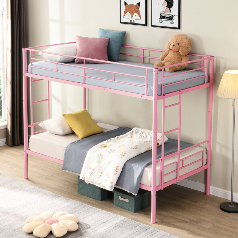 Lit superposé simple au-dessus de métal rose - une chambre à coucher moderne permettant d'économiser de l'espace, une structure solide pour la durabilité, stable et silencieuse, silencieuse - avec des escaliers sûrs, facile à assembler avec tous les outils, aucun sommier requis, costumes
